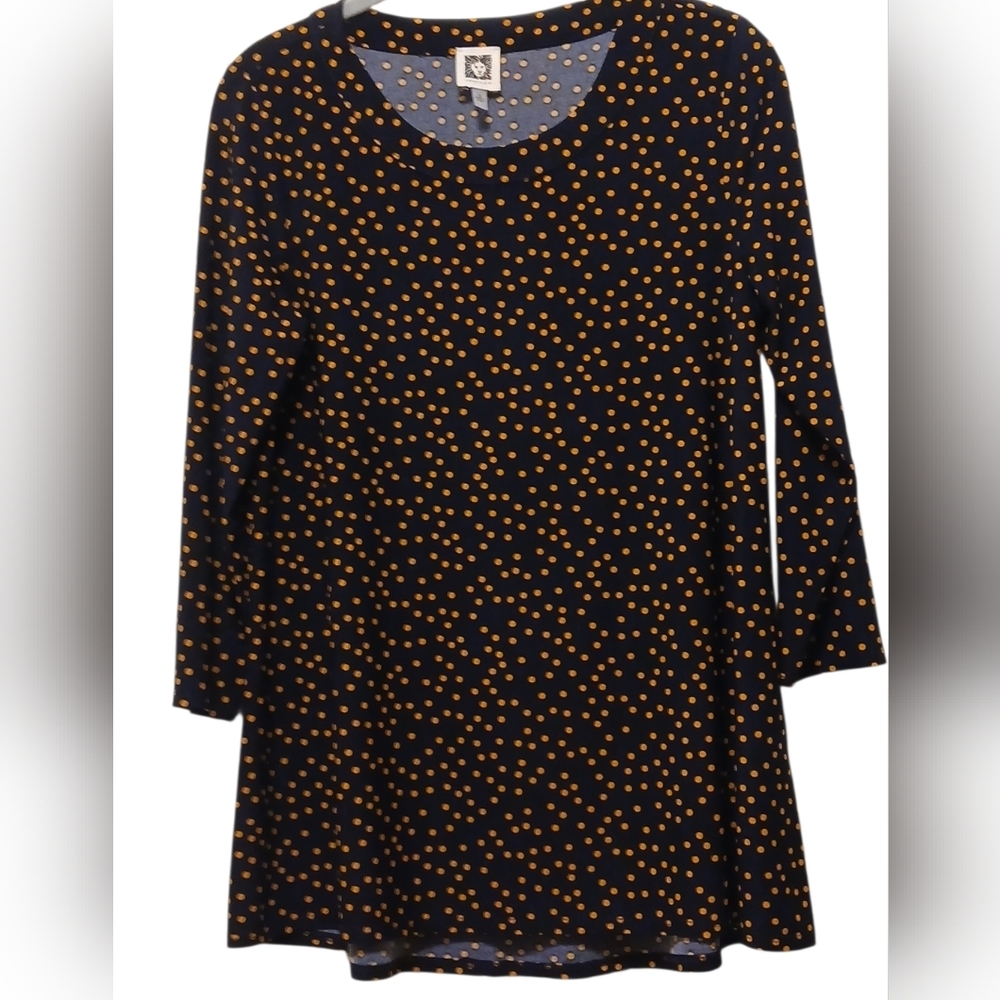 Anne Klein -NWOT, Navy Blue Top W/Gold Poke dots, 3/4 Sleeve, Round Neck, Size S
